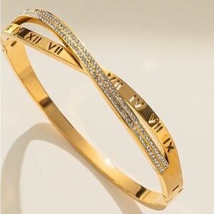 Roman Cross Over Gold Hinged Bangle